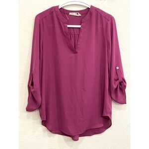 Everleigh Women's Sheer Career Blouse XS Extra Small Roll Tab Sleeves Purple